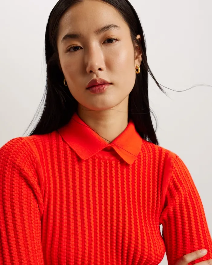 Women MORLIEE 8211 Puff Sleeve Knit Top With Collar Red Ted Baker Jumpers and Cardigans Women MORLIEE 8211 Puff Sleeve Knit Top With Collar Red Ted Baker Jumpers and Cardigans