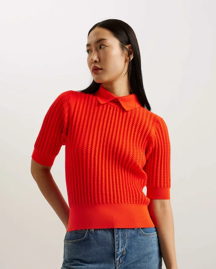 Women MORLIEE 8211 Puff Sleeve Knit Top With Collar Red Ted Baker Jumpers and Cardigans Women MORLIEE 8211 Puff Sleeve Knit Top With Collar Red Ted Baker Jumpers and Cardigans