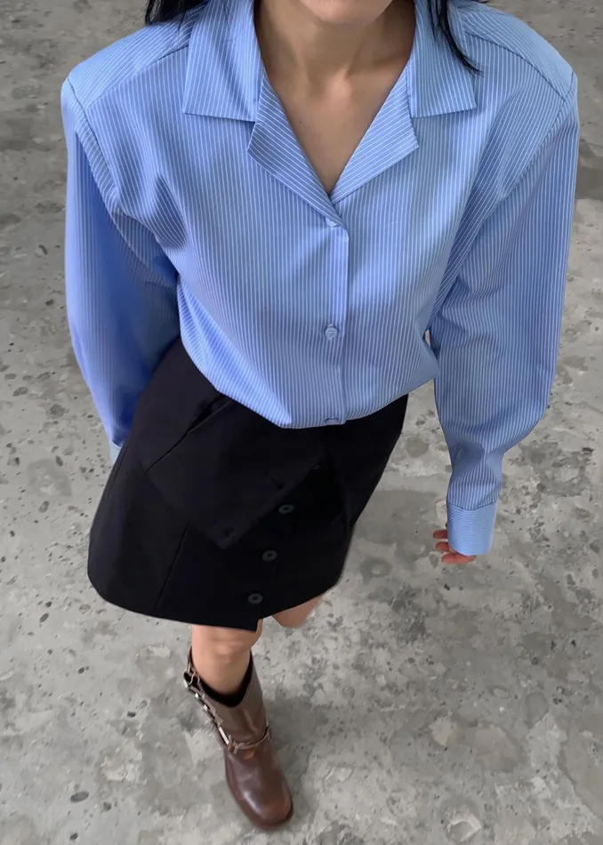 Women Noah Padded Button Up Shirt 8211 Blue Pinstripe The Frankie Shop Tops