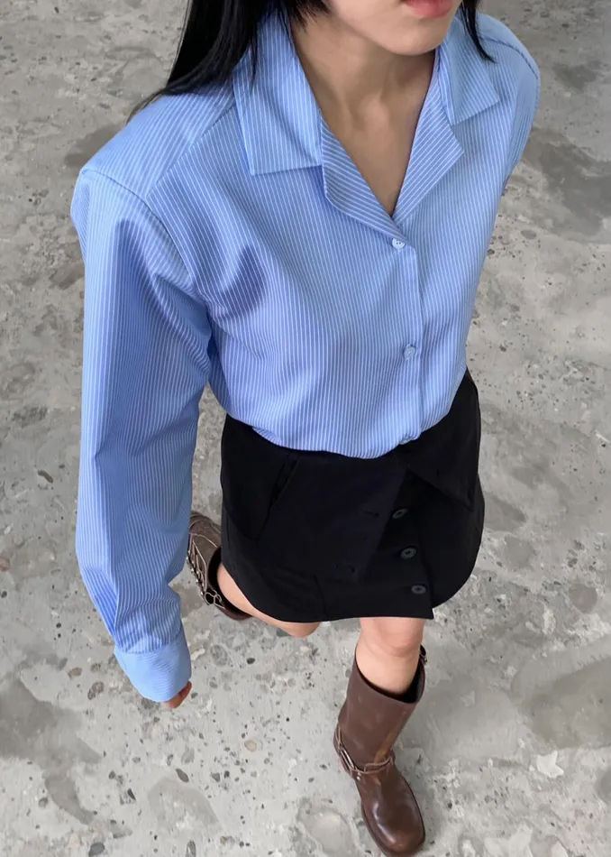 Women Noah Padded Button Up Shirt 8211 Blue Pinstripe The Frankie Shop Tops