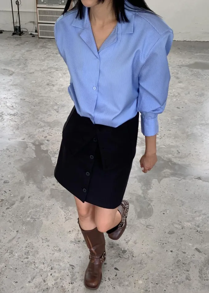 Women Noah Padded Button Up Shirt 8211 Blue Pinstripe The Frankie Shop Tops