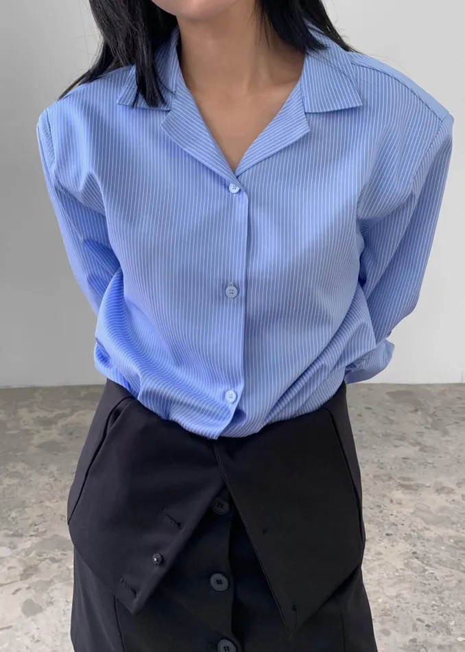 Women Noah Padded Button Up Shirt 8211 Blue Pinstripe The Frankie Shop Tops