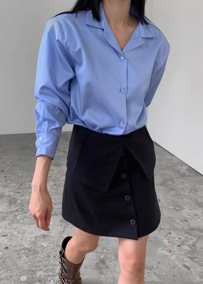 Women Noah Padded Button Up Shirt 8211 Blue Pinstripe The Frankie Shop Tops