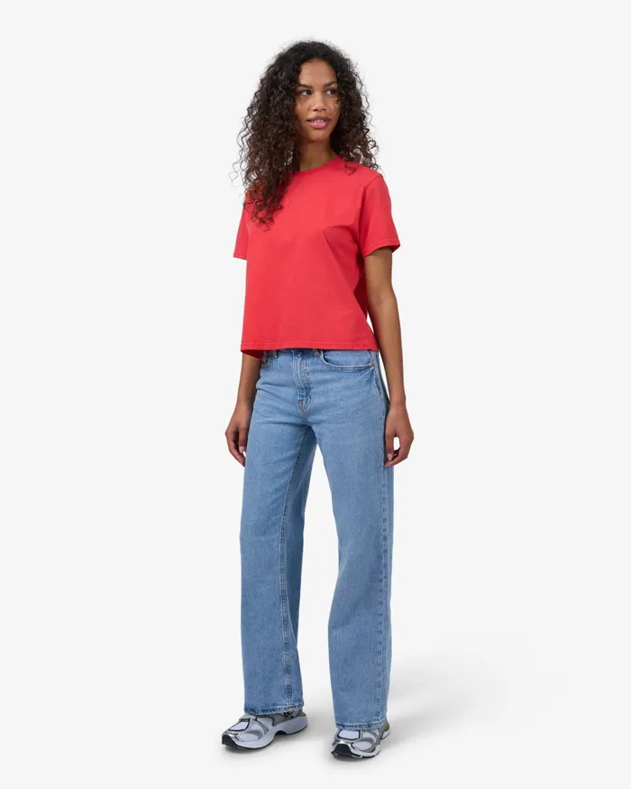Women Organic Boxy Crop Tee Red Tangerine Colorful Standard TShirts