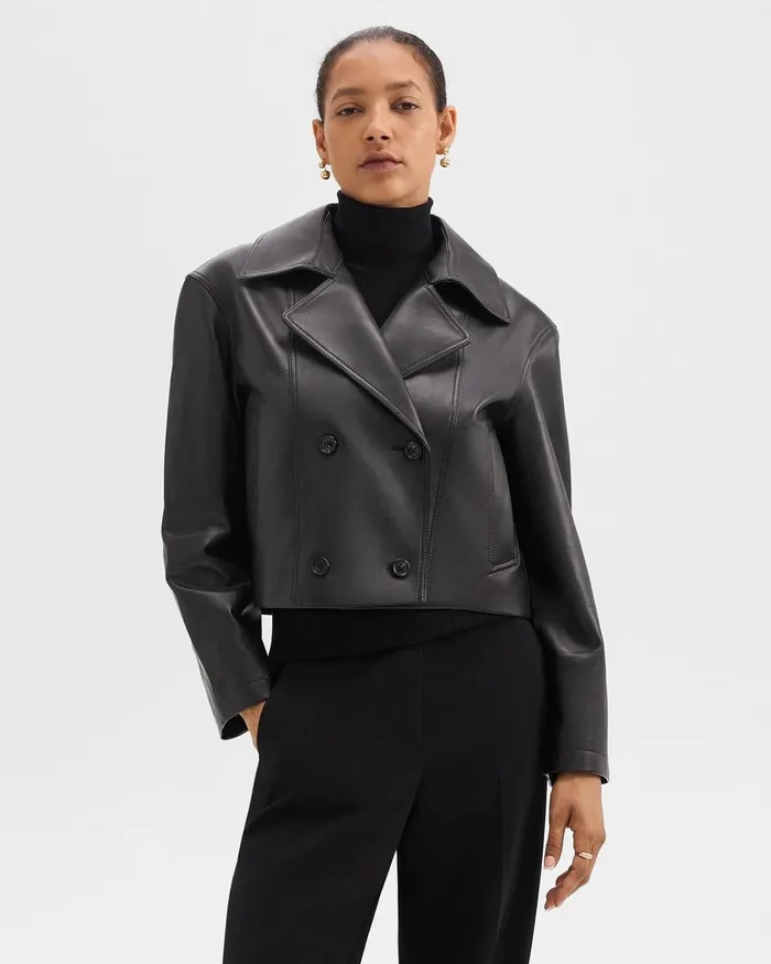 Women Outerwear Theory DoubleBreasted Crop Trench In Leather Black