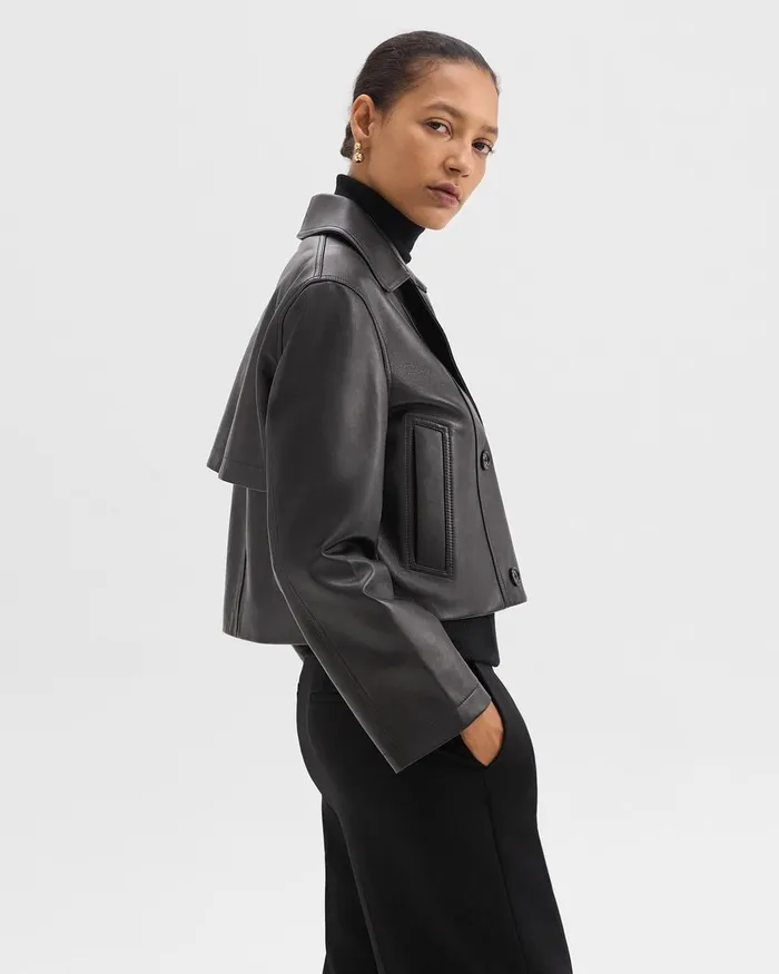 Women Outerwear Theory DoubleBreasted Crop Trench In Leather Black