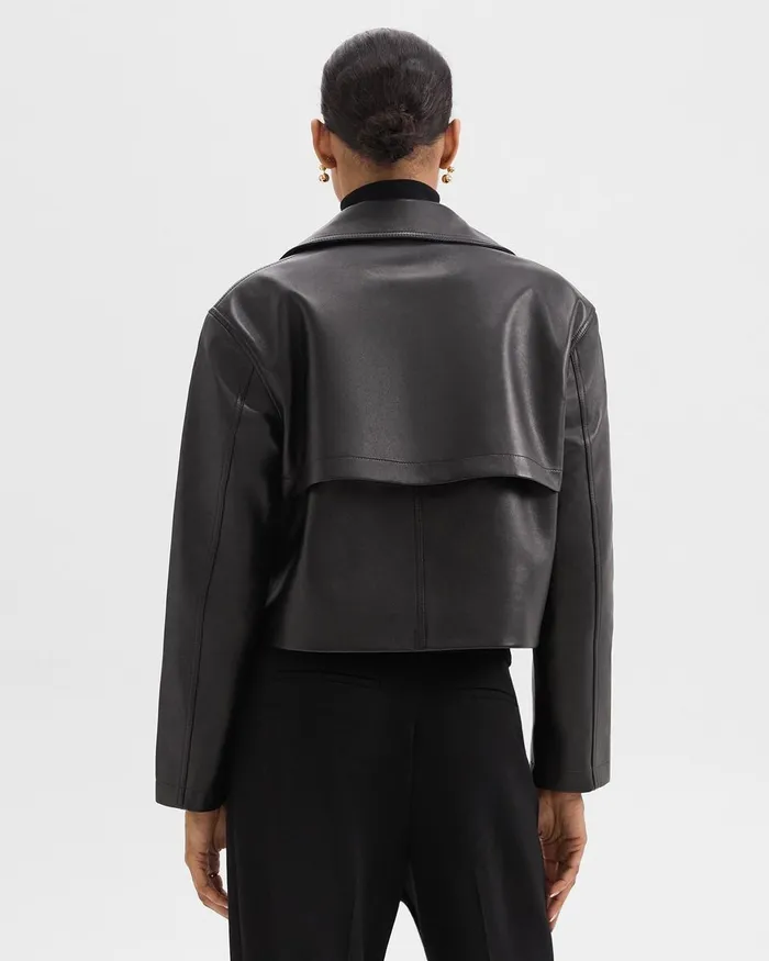 Women Outerwear Theory DoubleBreasted Crop Trench In Leather Black