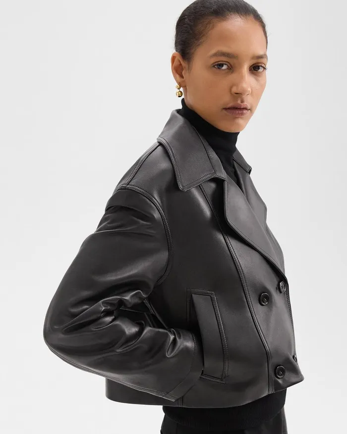 Women Outerwear Theory DoubleBreasted Crop Trench In Leather Black
