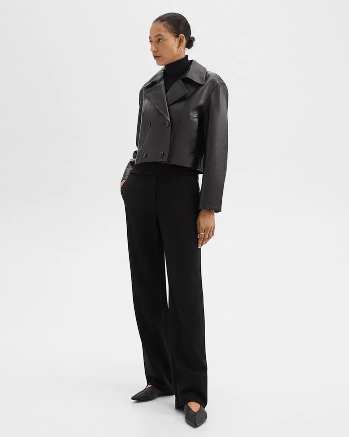 Women Outerwear Theory DoubleBreasted Crop Trench In Leather Black