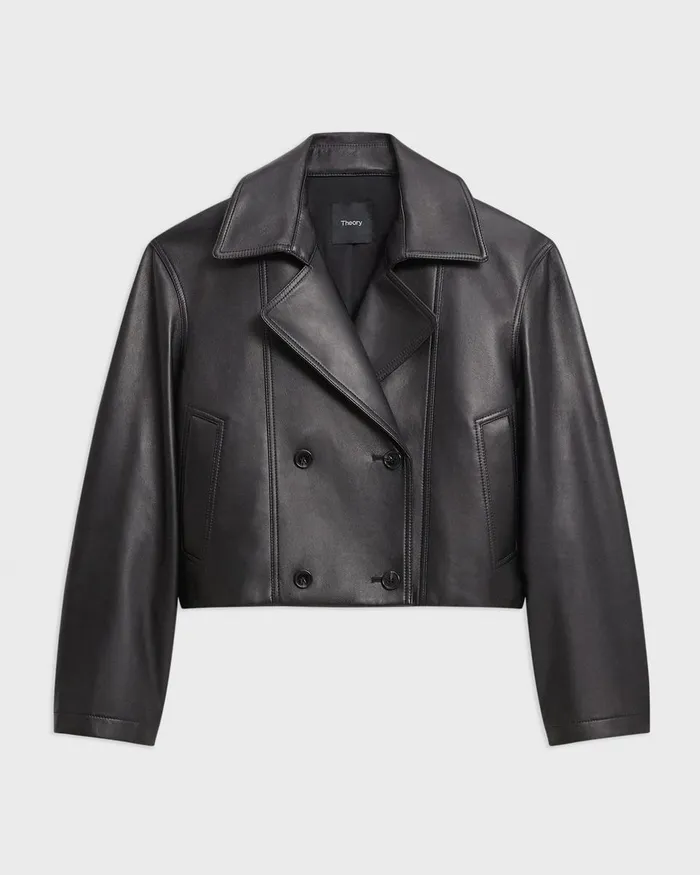 Women Outerwear Theory DoubleBreasted Crop Trench In Leather Black