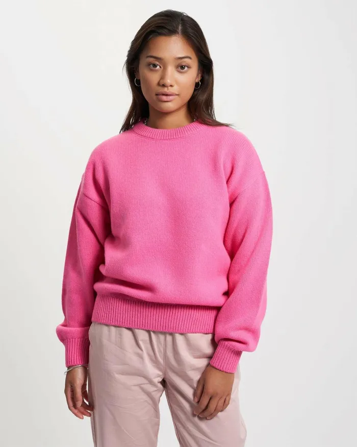 Women Oversized Merino Wool Crew Navy Blue Colorful Standard Knit Sweaters
