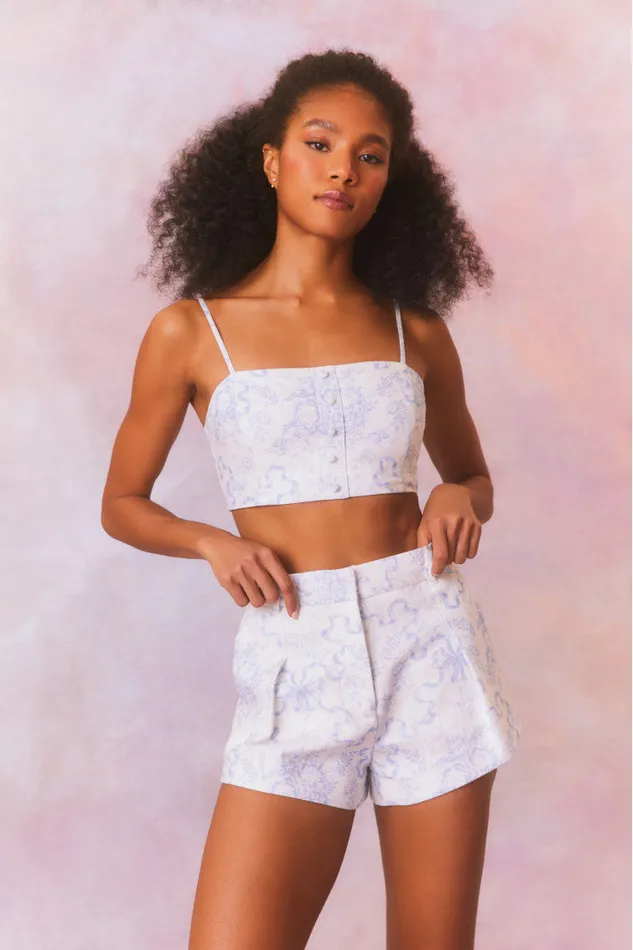 Women Pants and Shorts LoveShackFancy Lacette Cotton Bow Print Shorts Blissful Blue