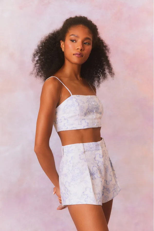 Women Pants and Shorts LoveShackFancy Lacette Cotton Bow Print Shorts Blissful Blue