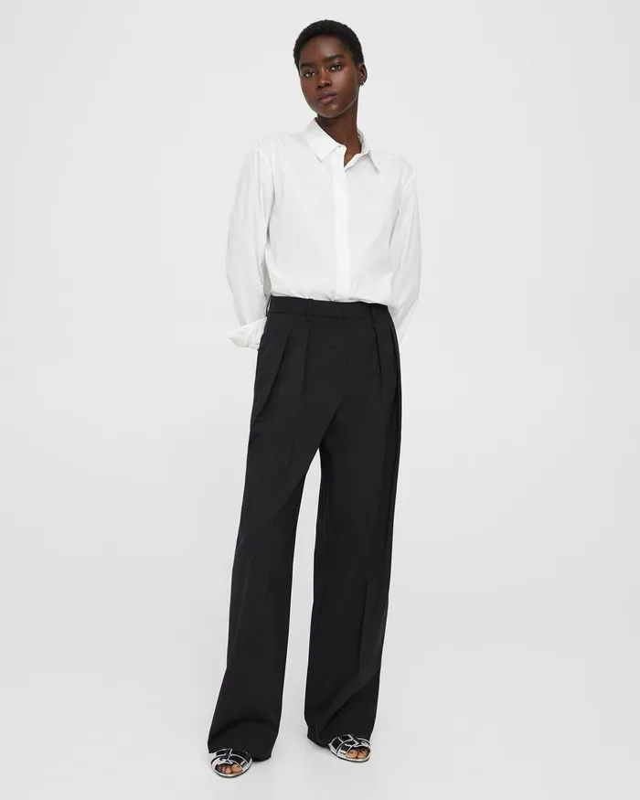 Women Pants Theory Pleated WideLeg Pant In Stretch Wool Black