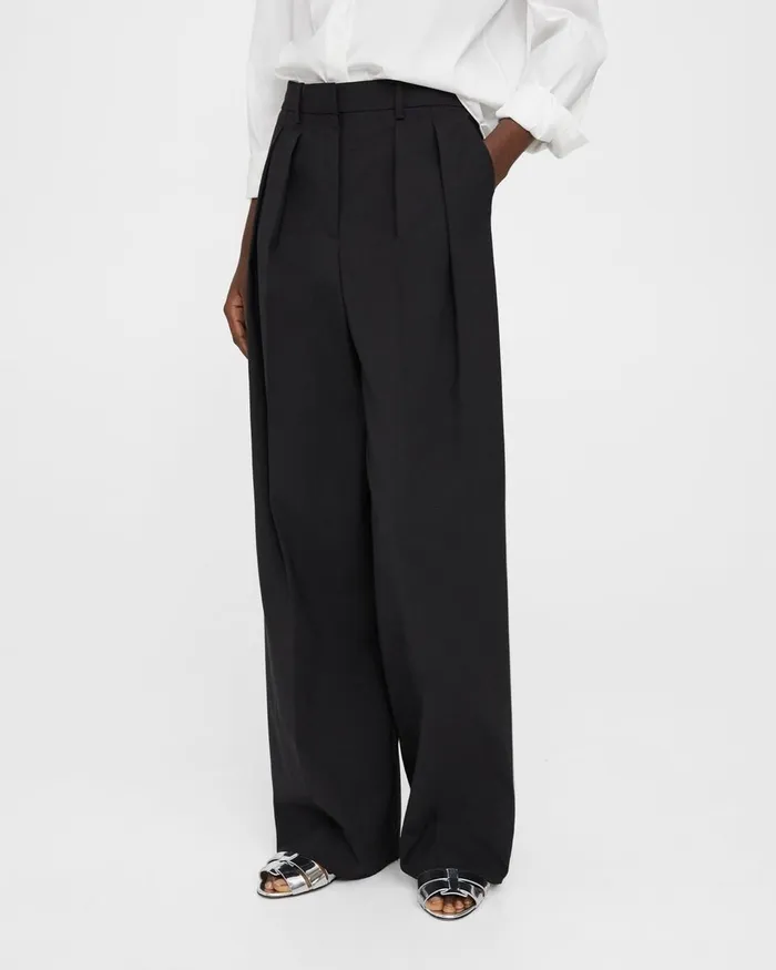 Women Pants Theory Pleated WideLeg Pant In Stretch Wool Black