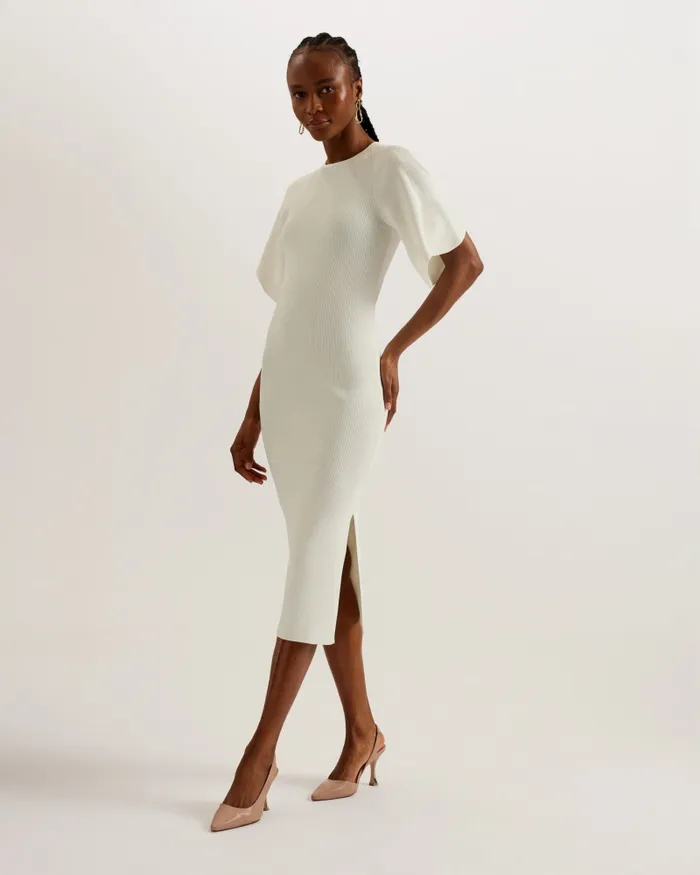 Women RAELEA 8211 Fluted Sleeve Knitted Bodycon Midi Dress Ivory Ted Baker Dresses