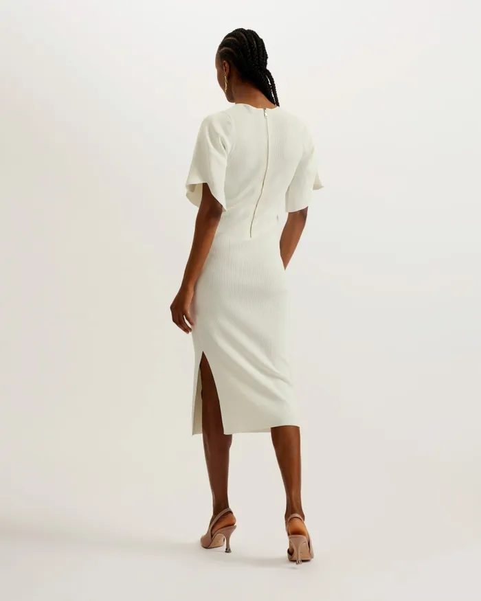 Women RAELEA 8211 Fluted Sleeve Knitted Bodycon Midi Dress Ivory Ted Baker Dresses