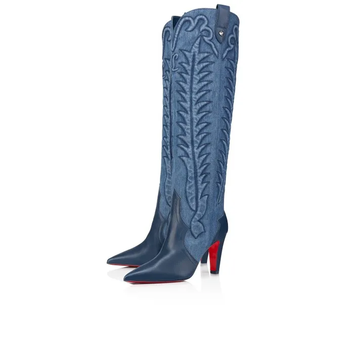 Women Santia Botta 85 Mm Boots 8211 Nappa Leather And Denim 8211 Denim Christian Louboutin Boots