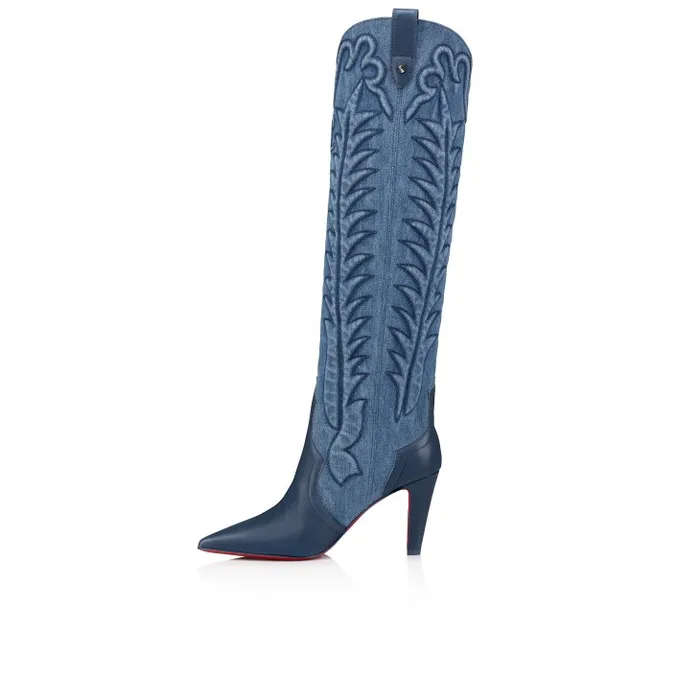 Women Santia Botta 85 Mm Boots 8211 Nappa Leather And Denim 8211 Denim Christian Louboutin Boots