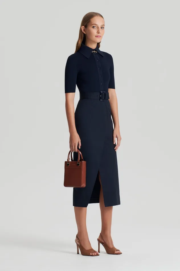 Women Scanlan Theodore CREPE KNIT PENCIL COTTON DRESS NAVY Dresses