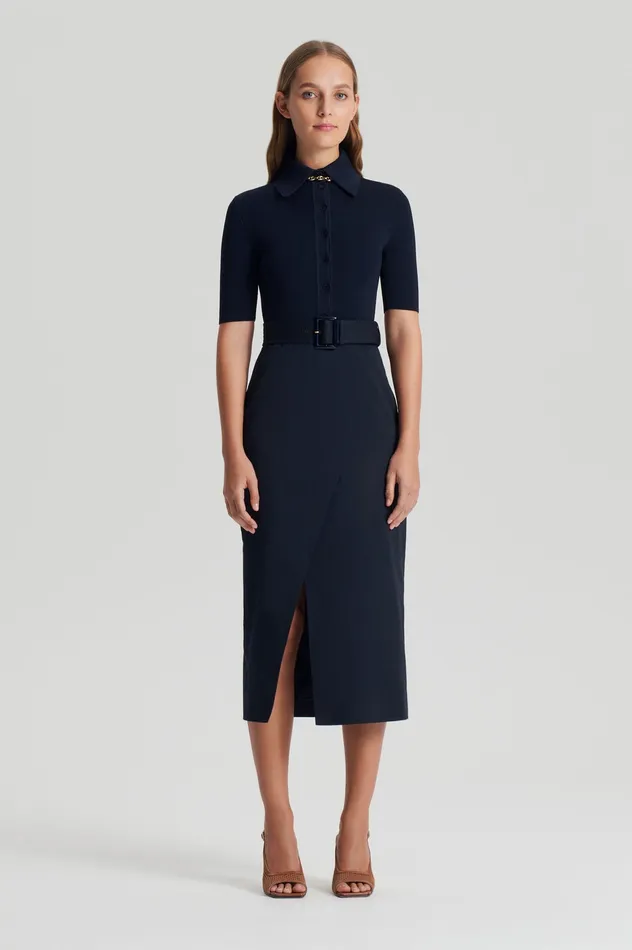Women Scanlan Theodore CREPE KNIT PENCIL COTTON DRESS NAVY Dresses