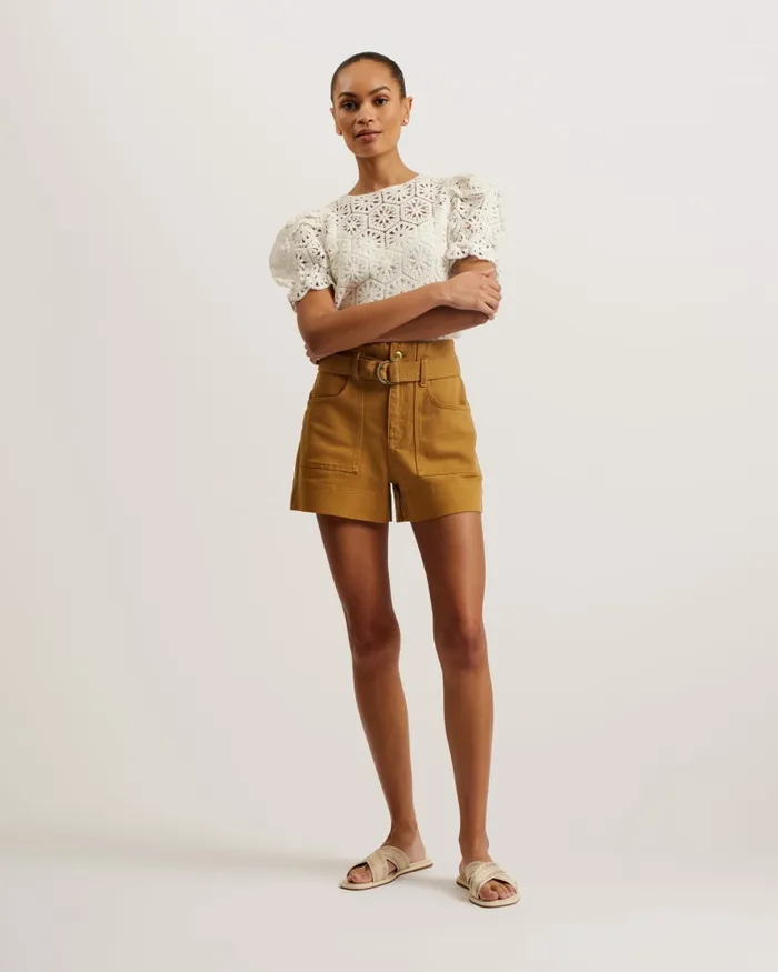 Women SELDA 8211 High Waisted Belted Denim Shorts Brown Ted Baker Trousers and Shorts