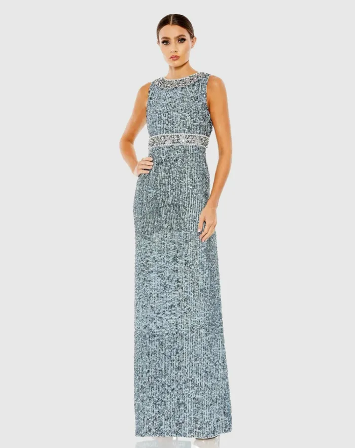 Women Sequined Sleeveless Embellished Neckline Gown Slate Blue Evening Gowns Mac Duggal