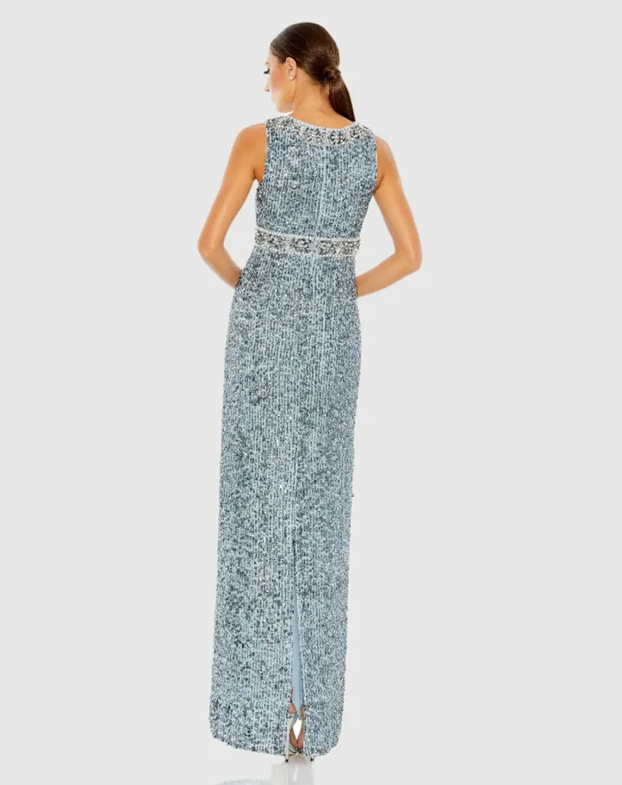Women Sequined Sleeveless Embellished Neckline Gown Slate Blue Evening Gowns Mac Duggal