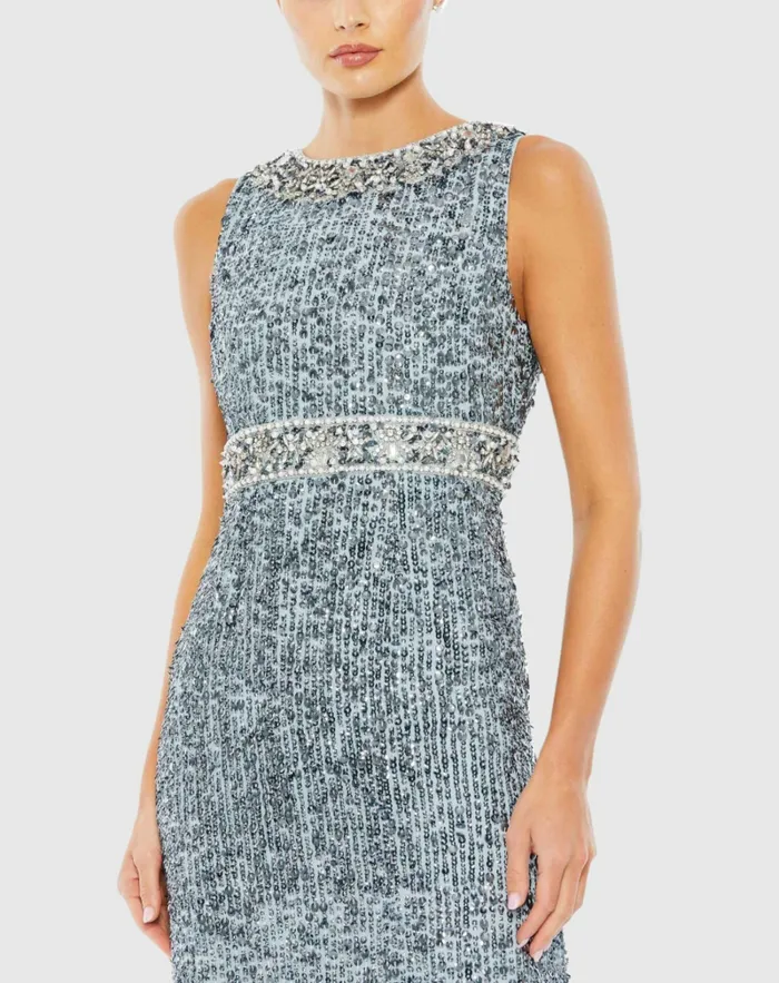 Women Sequined Sleeveless Embellished Neckline Gown Slate Blue Evening Gowns Mac Duggal