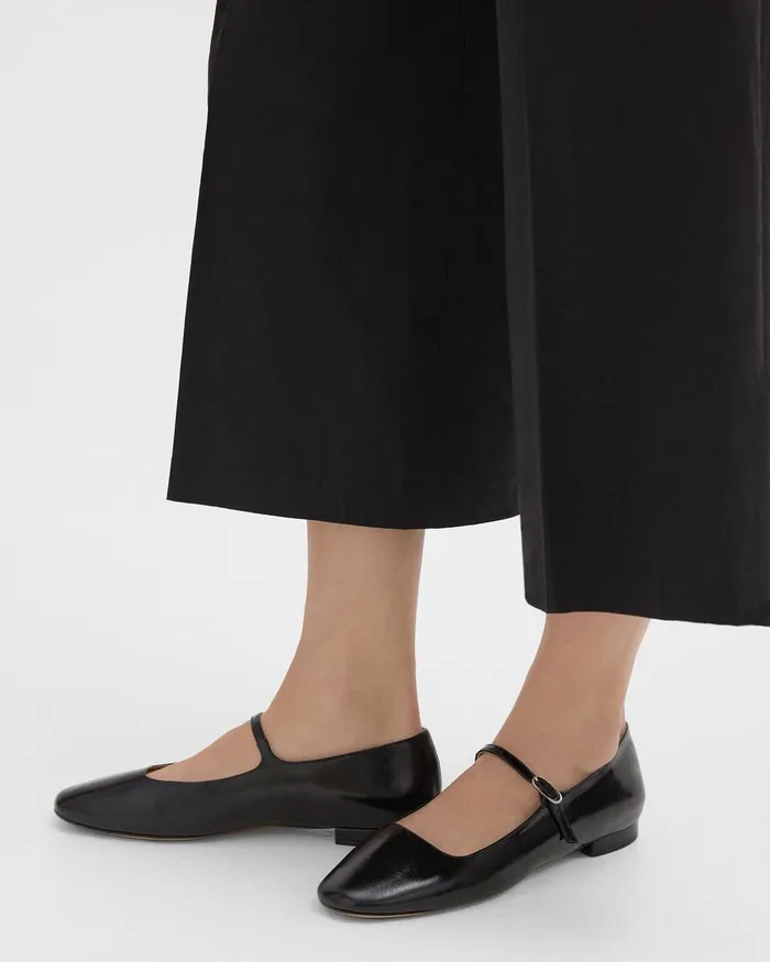 Women Shoes Theory Mary Jane Ballerina Flat In Crinkled Patent Leather Black