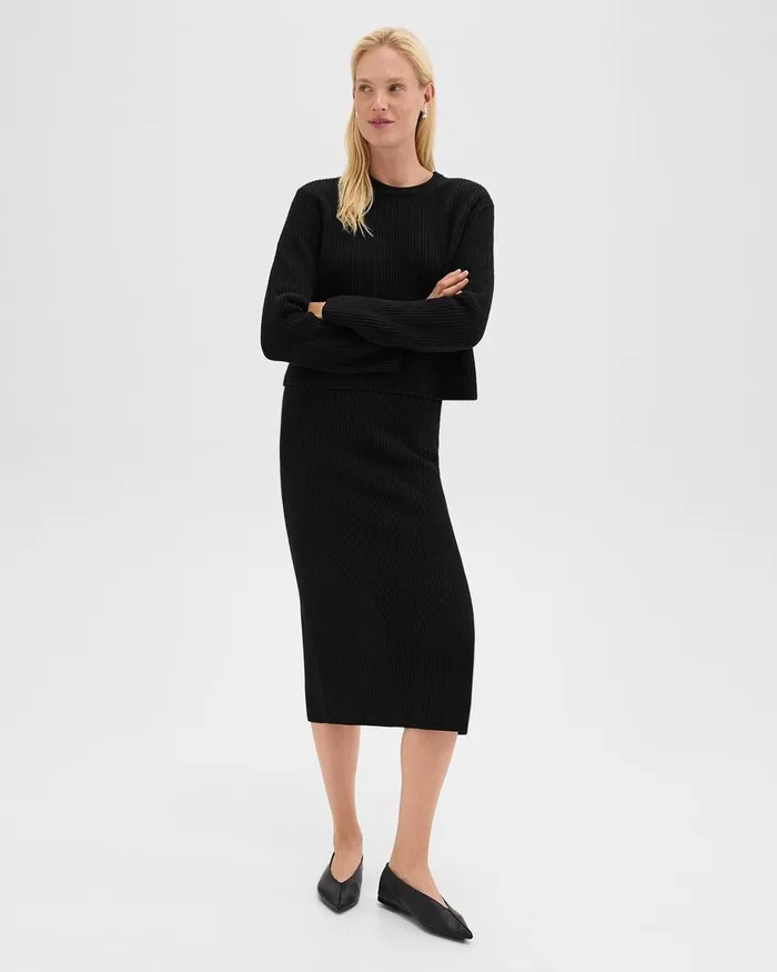 Women Skirts Theory Midi PullOn Skirt In Felted WoolCashmere Black