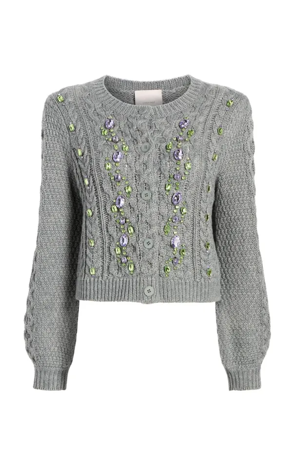 Women Sweaters and Knits Cinq Sept Joelle Embellished Cable Cardigan Charcoal Lilacgreen