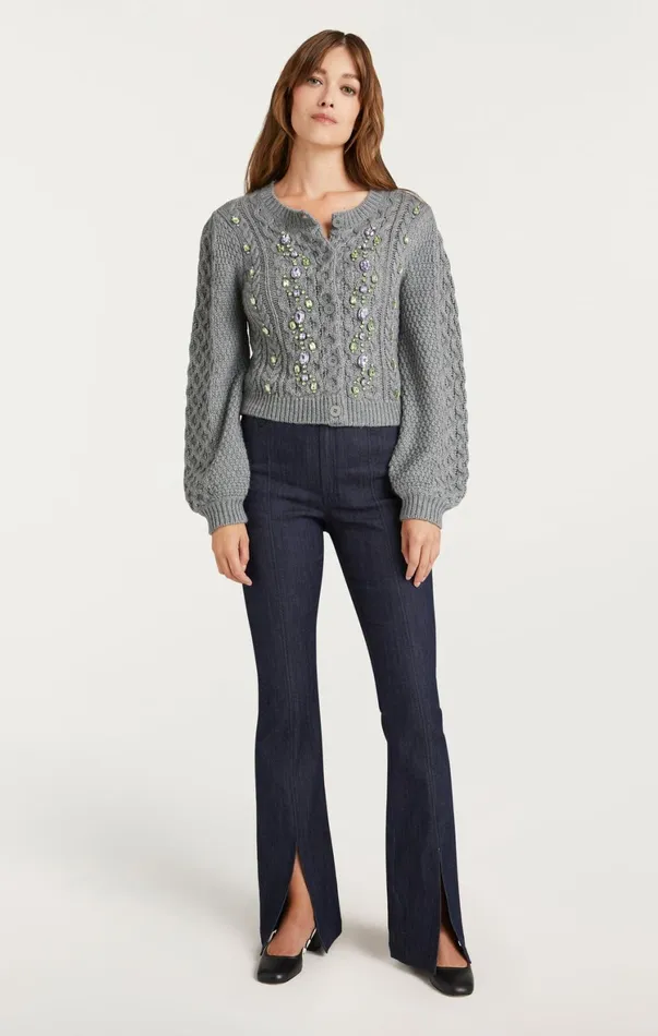 Women Sweaters and Knits Cinq Sept Joelle Embellished Cable Cardigan Charcoal Lilacgreen
