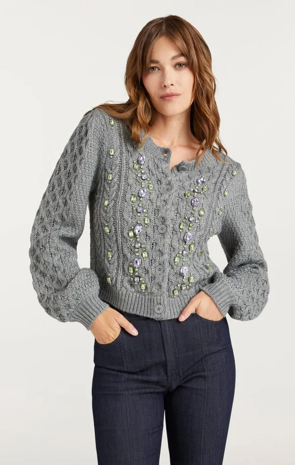 Women Sweaters and Knits Cinq Sept Joelle Embellished Cable Cardigan Charcoal Lilacgreen