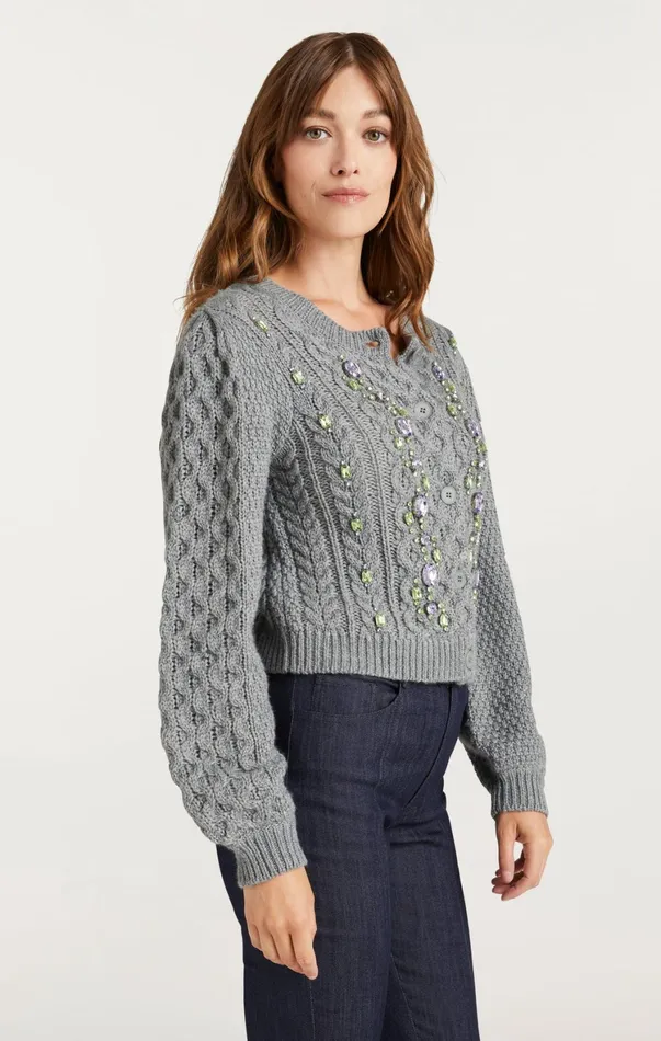 Women Sweaters and Knits Cinq Sept Joelle Embellished Cable Cardigan Charcoal Lilacgreen