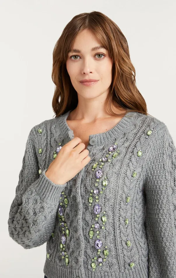 Women Sweaters and Knits Cinq Sept Joelle Embellished Cable Cardigan Charcoal Lilacgreen