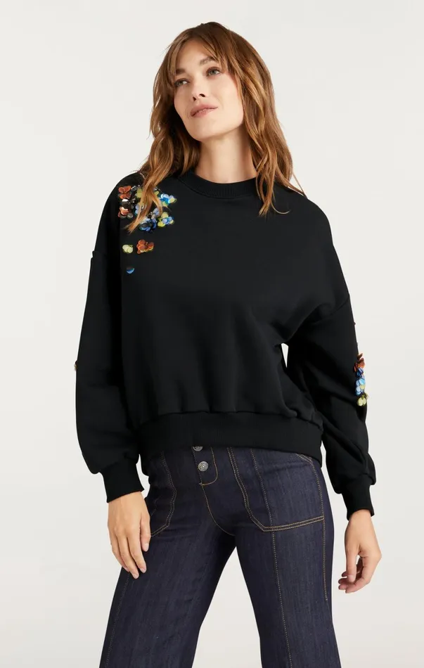 Women Sweaters and Knits Cinq Sept Sequin Flower Embellished Brandy Pullover Blackmulti