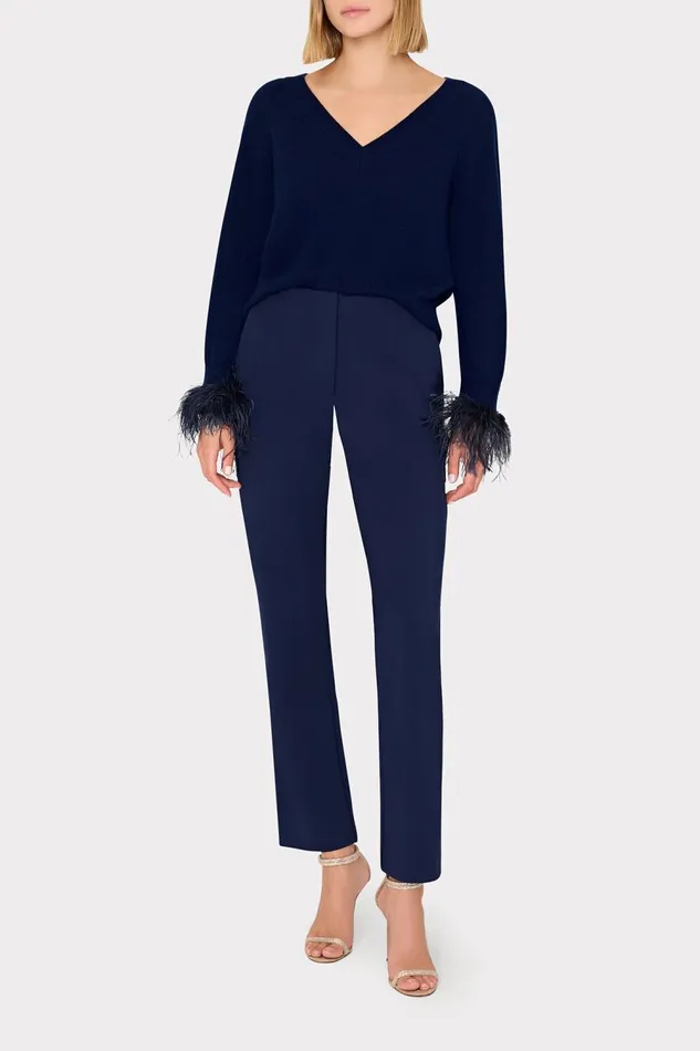 Women Sweaters and Knits Milly Feather Cuff VNeck Sweater Navy Women Sweaters and Knits Milly Feather Cuff VNeck Sweater Navy