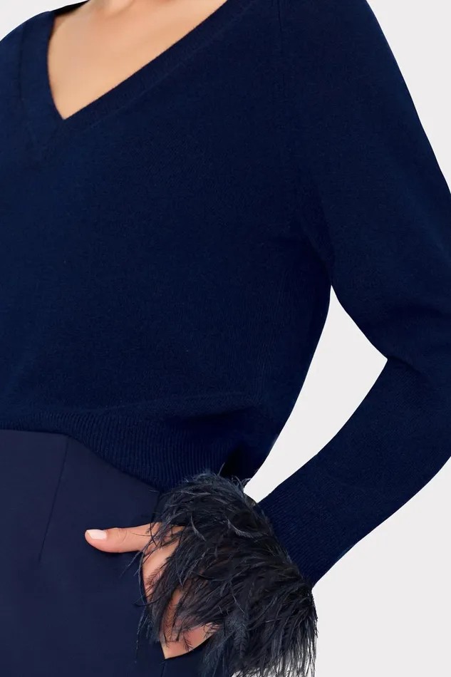 Women Sweaters and Knits Milly Feather Cuff VNeck Sweater Navy Women Sweaters and Knits Milly Feather Cuff VNeck Sweater Navy