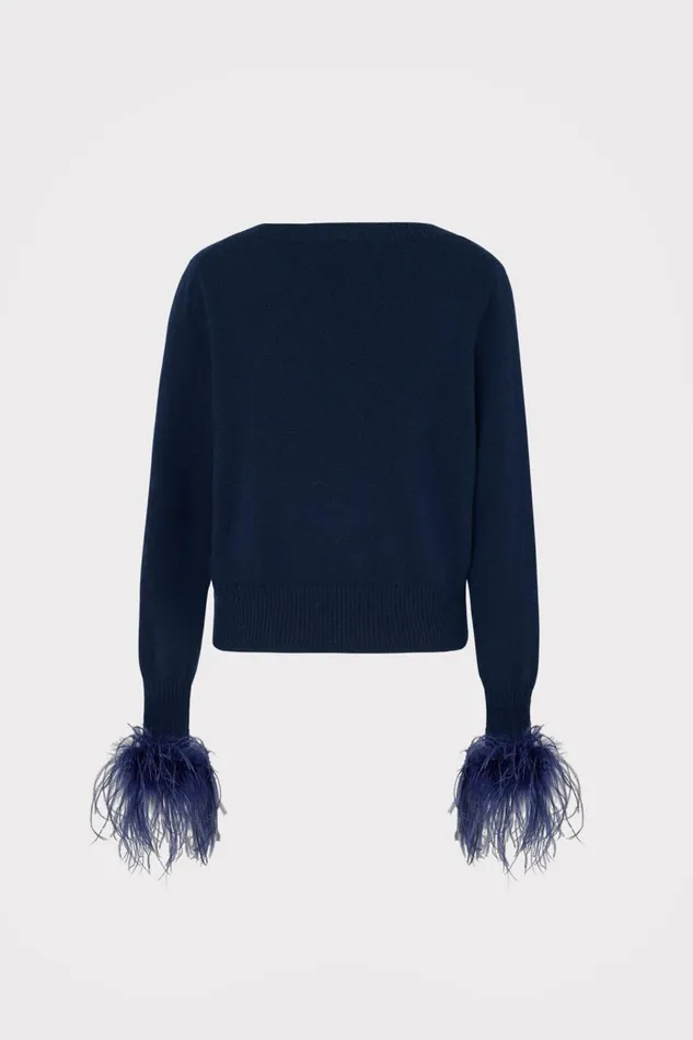 Women Sweaters and Knits Milly Feather Cuff VNeck Sweater Navy Women Sweaters and Knits Milly Feather Cuff VNeck Sweater Navy