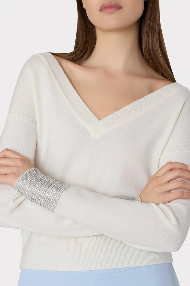 Women Sweaters and Knits Milly Ilyse Crystal Cuff VNeck Sweater Ecru