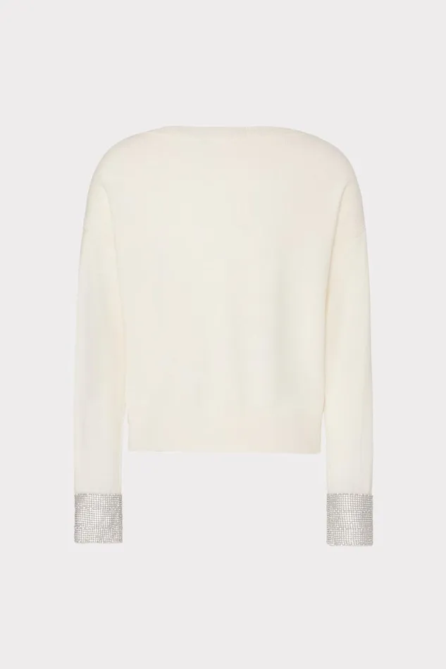 Women Sweaters and Knits Milly Ilyse Crystal Cuff VNeck Sweater Ecru