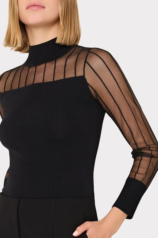 Women Sweaters and Knits Milly Krissy Sheer Knit Mockneck Top Black Women Sweaters and Knits Milly Krissy Sheer Knit Mockneck Top Black