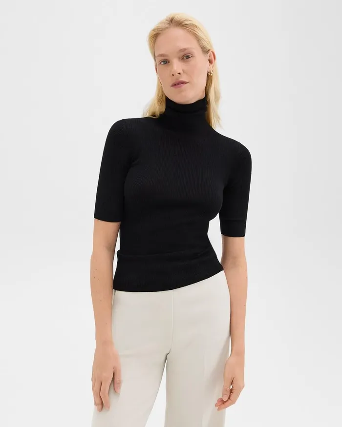 Women Sweaters Cardigans Theory Leenda ShortSleeve Turtleneck In Regal Wool Black