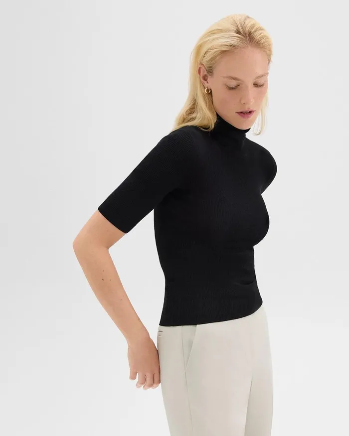 Women Sweaters Cardigans Theory Leenda ShortSleeve Turtleneck In Regal Wool Black