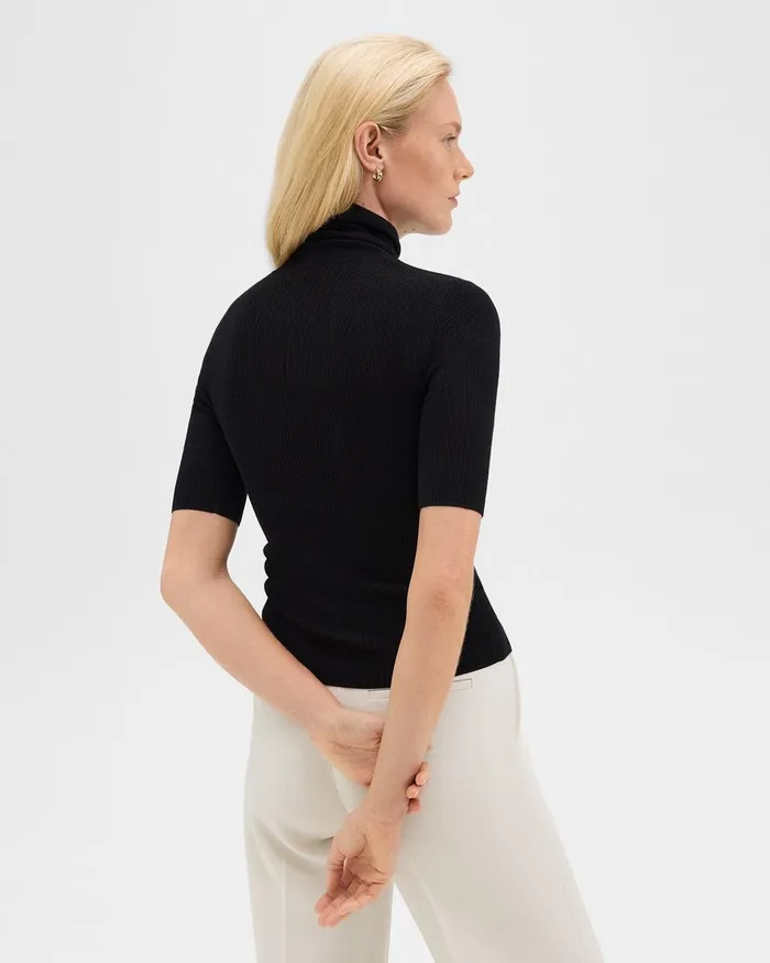 Women Sweaters Cardigans Theory Leenda ShortSleeve Turtleneck In Regal Wool Black