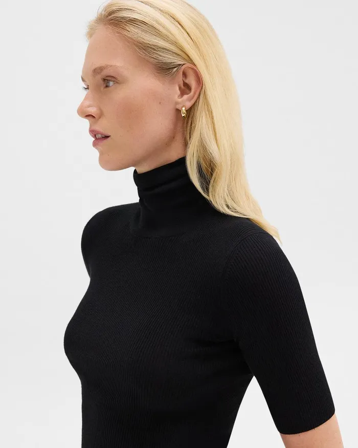 Women Sweaters Cardigans Theory Leenda ShortSleeve Turtleneck In Regal Wool Black