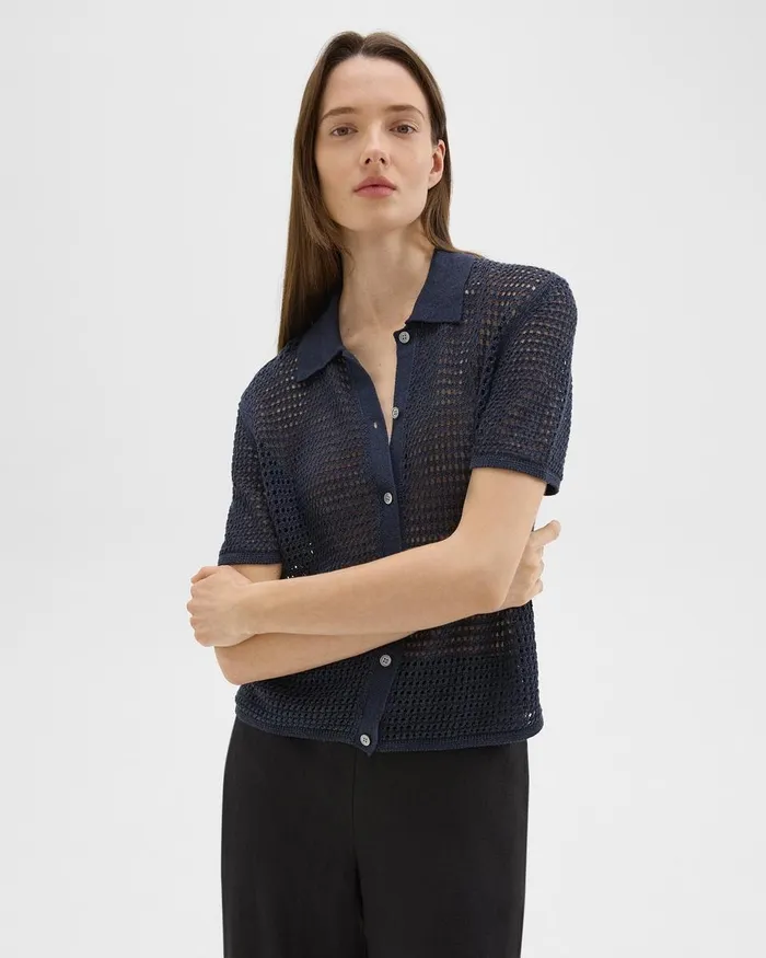 Women Sweaters Cardigans Theory Mesh ShortSleeve Shirt In LinenViscose Nocturne Navy
