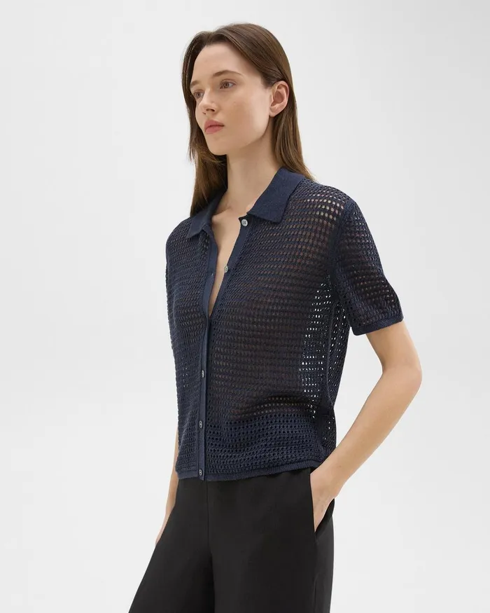 Women Sweaters Cardigans Theory Mesh ShortSleeve Shirt In LinenViscose Nocturne Navy