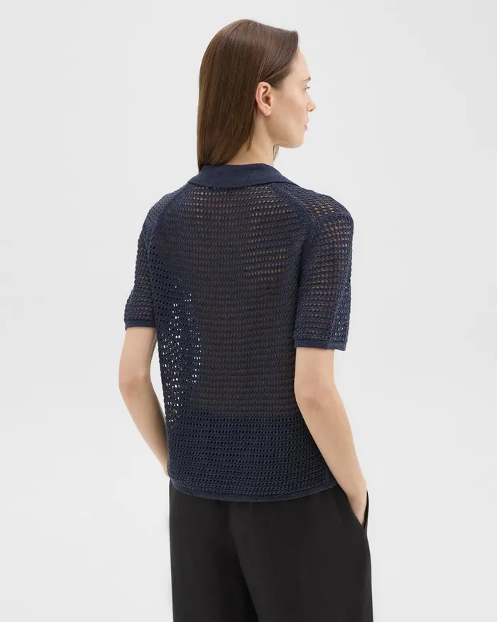 Women Sweaters Cardigans Theory Mesh ShortSleeve Shirt In LinenViscose Nocturne Navy